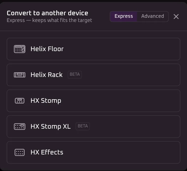 Helrig's convert dialog, headed Convert to another device with Express and Advanced modes. It lists Helix Floor, Helix Rack marked beta, HX Stomp, HX Stomp XL marked beta, and HX Effects.