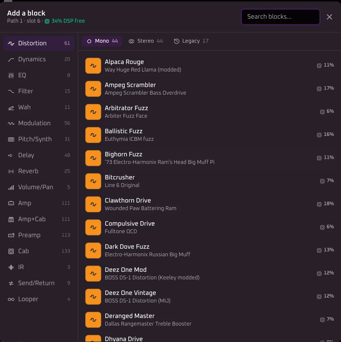 Helrig's add-a-block dialog for Path 1, slot 6, headed 34% DSP free. Each distortion block is listed with its own cost — Alpaca Rouge 11%, Ampeg Scrambler 17%, Arbitrator Fuzz 6%, Ballistic Fuzz 16%, Bitcrusher 7%.