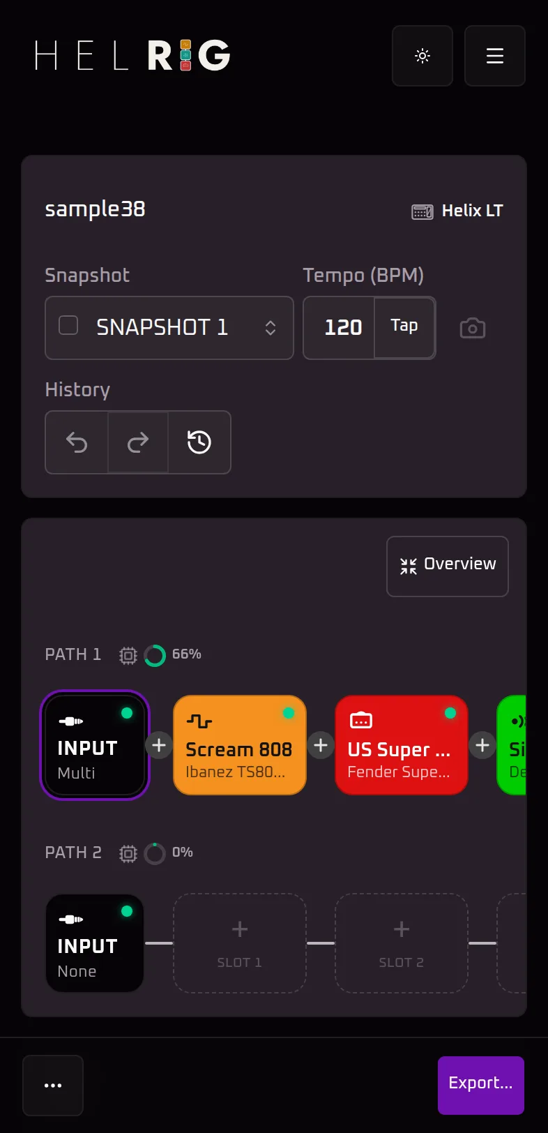 Helrig open on a phone showing the preset sample38 for a Helix LT. Path 1 reads 66% DSP and its colour-coded blocks — Scream 808, US Super Nrm, Simple Delay — run off the right edge of the screen.