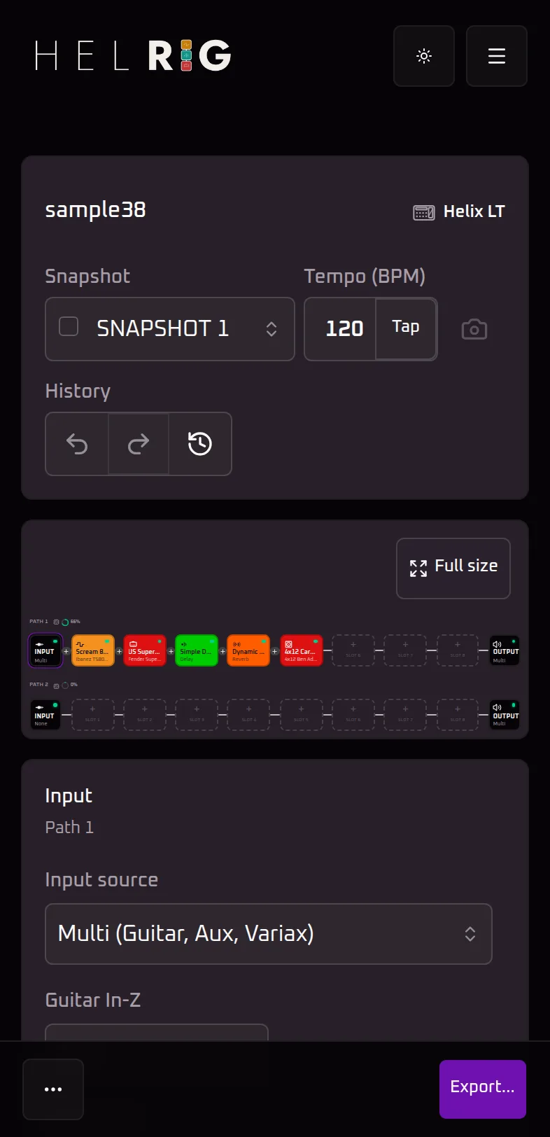 The same preset after one tap on Overview: both signal paths and every block now fit the phone screen at once, still told apart by colour, and the control has switched to Full size.