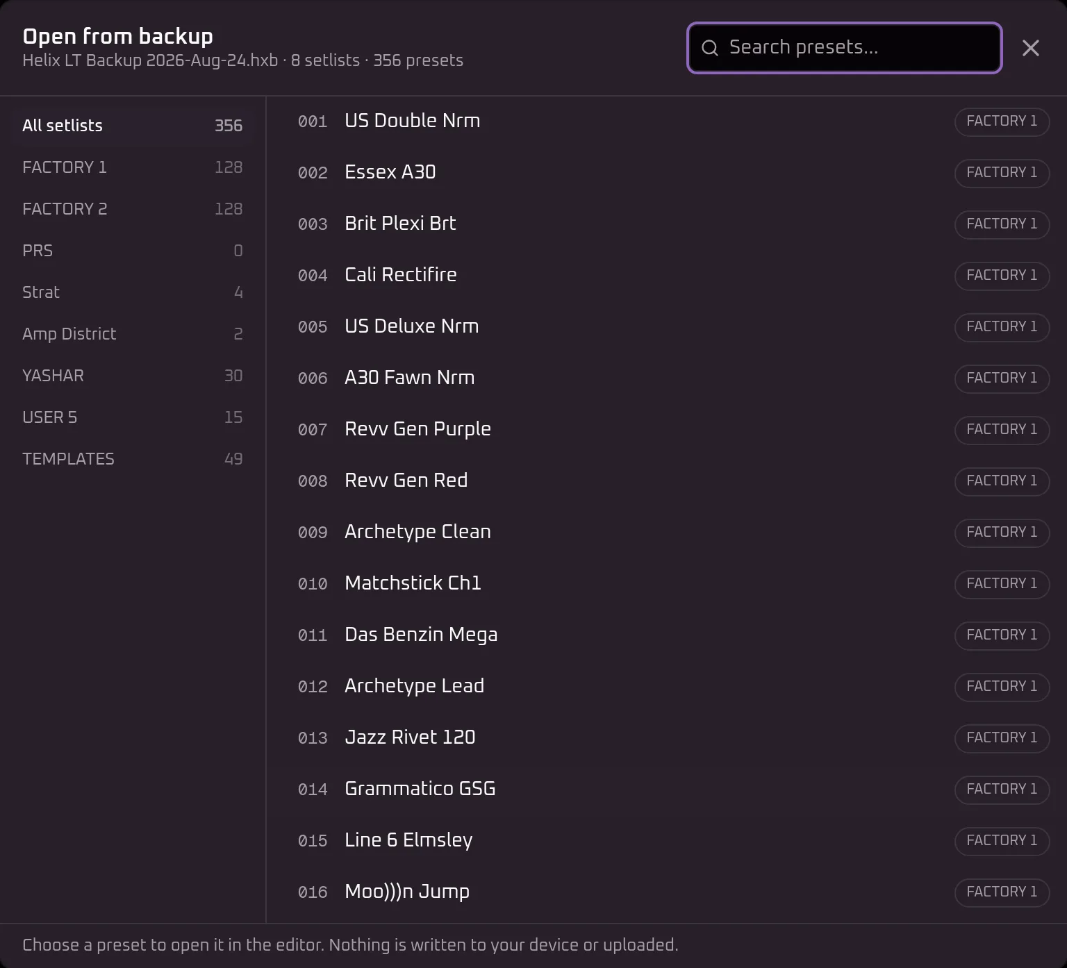 Helrig's Open from backup dialog reading a file called Helix LT Backup 2026-Aug-24.hxb, headed 8 setlists and 356 presets. A rail on the left lists the setlists by name with their counts — FACTORY 1 and FACTORY 2 at 128 each, then PRS, Strat, Amp District, YASHAR, USER 5 and TEMPLATES. The list beside it shows numbered slots with preset names such as US Double Nrm and Brit Plexi Brt.